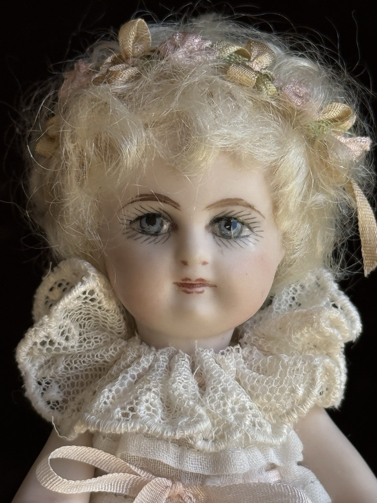 Miniature 5.25” Cathy Hansen Porcelain Repro Antique Mignonette Dollhouse Doll