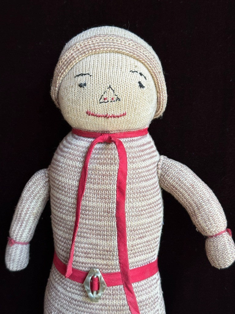 Lot of 2 Vintage Stockinette Knitted Embroidered Cloth Dolls
