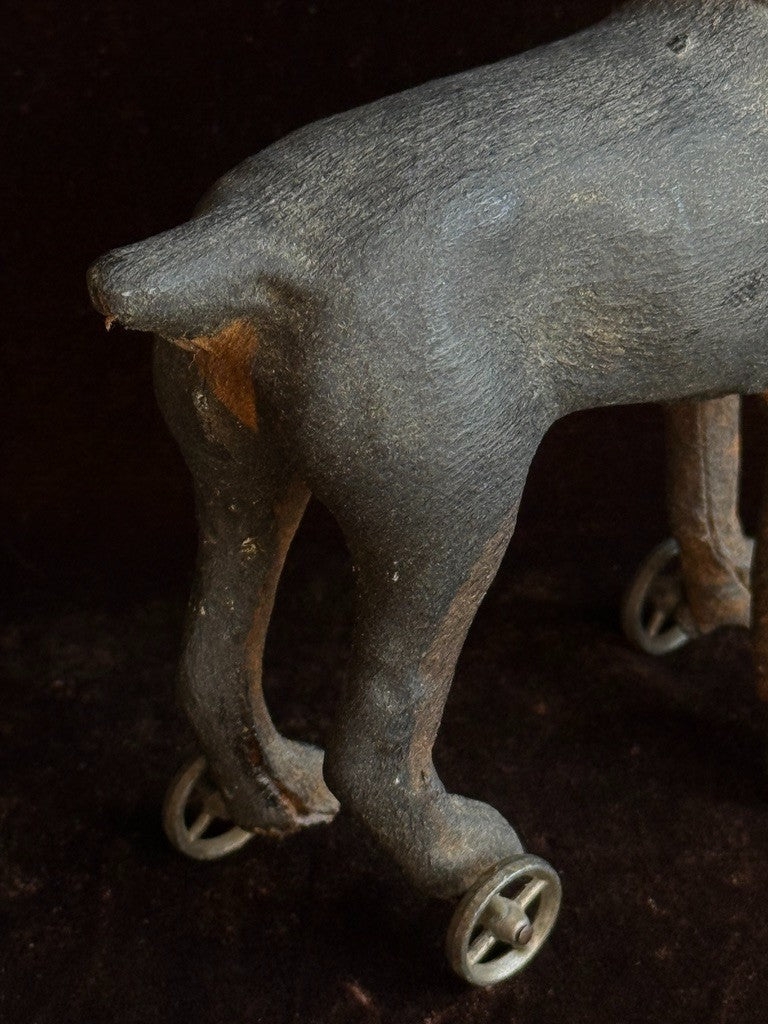 Antique German Papier-Mâché Doberman Pinscher Dog on Wheels Pull Toy