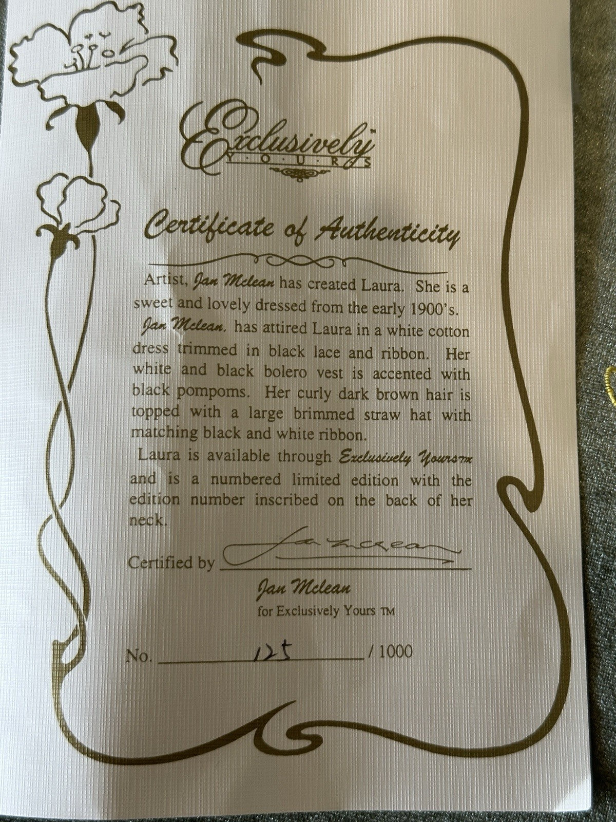 Jan Mclean 28" Porcelain Doll “Laura” Tag and COA For Exclusively Yours 1997