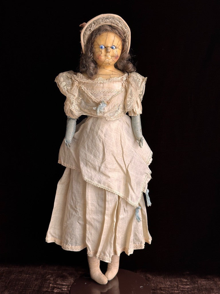 Antique English All Original Mad Alice 22” Wax Over Papier Mache Head Doll