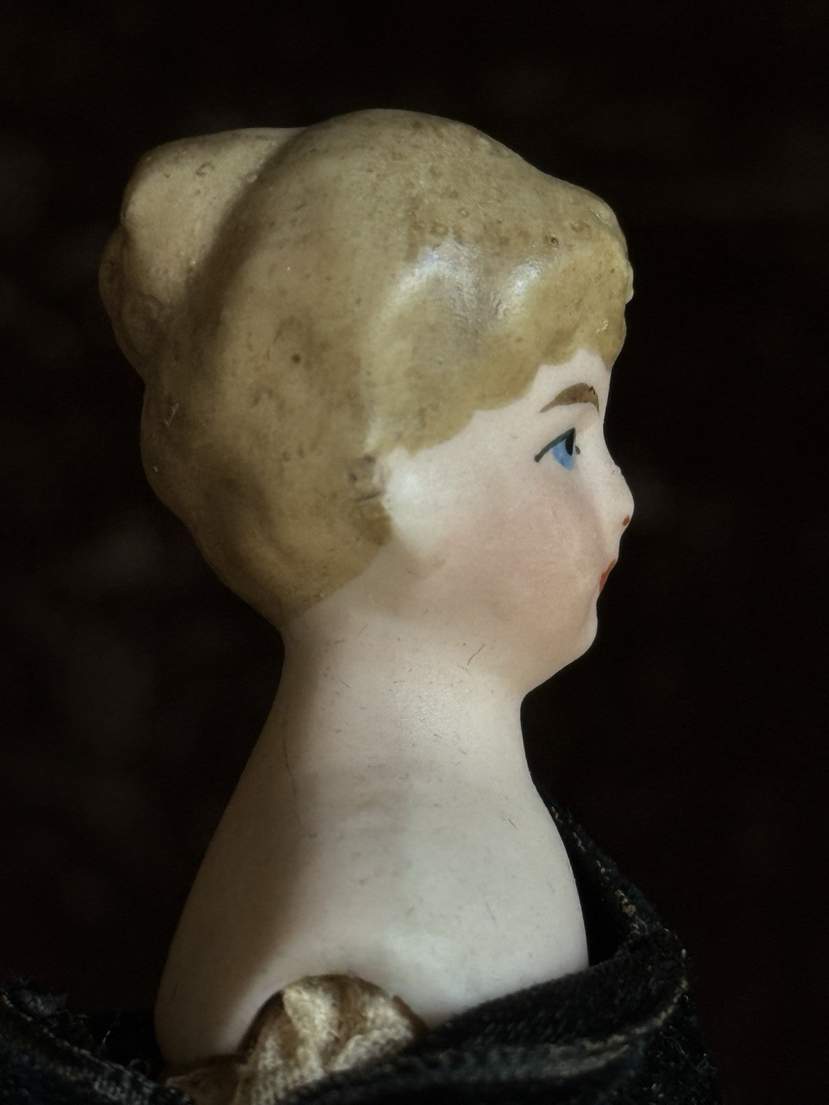 Antique German 5.875” Bisque Cloth Miniature Dollhouse Parian Doll with Bun