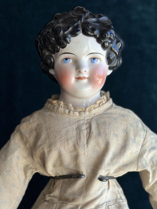Antique German 26” Dolly Madison China Shoulder Head Doll with Molded Bow