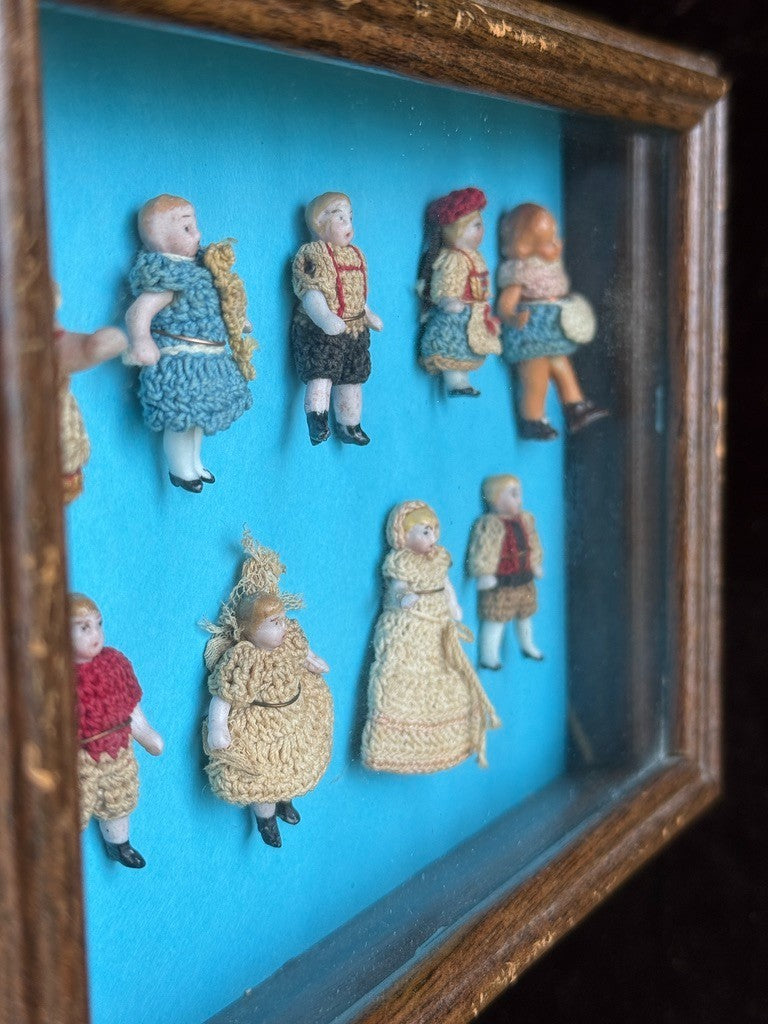 Antique Miniature Hertwig Carl Horn Dolls Framed Display 9 German Bisque Dolls