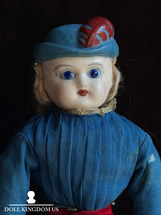 Rare Antique German 20” Wax Over Papier Mache Molded Hat Doll