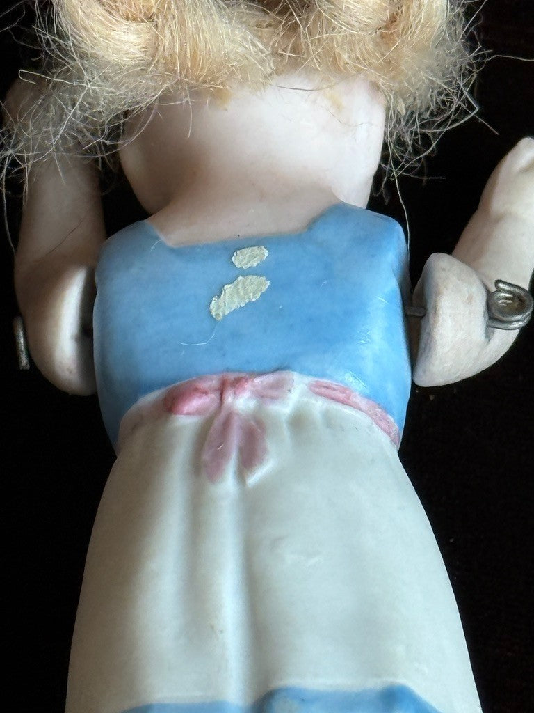 Lot of 2 Antique German 4" All Bisque Miniature Dollhouse Dolls Molded Dresses