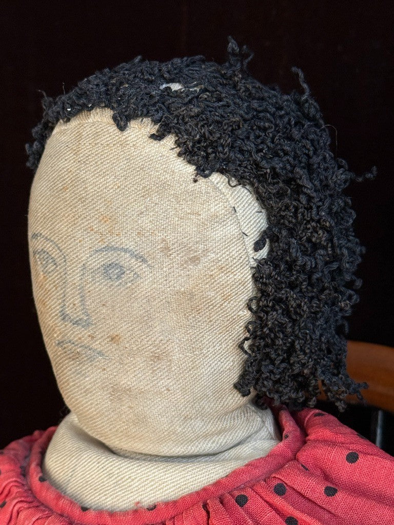Antique American 21" Primitive Folk Art Cloth Rug Portrait Doll