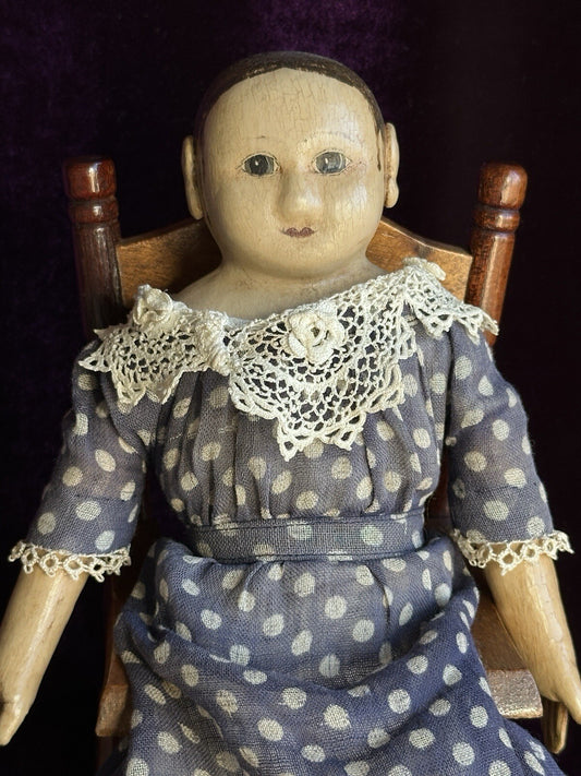 Miniature 11” Izannah Walker Style Oil Painted Cloth Doll by Lucille Breuer