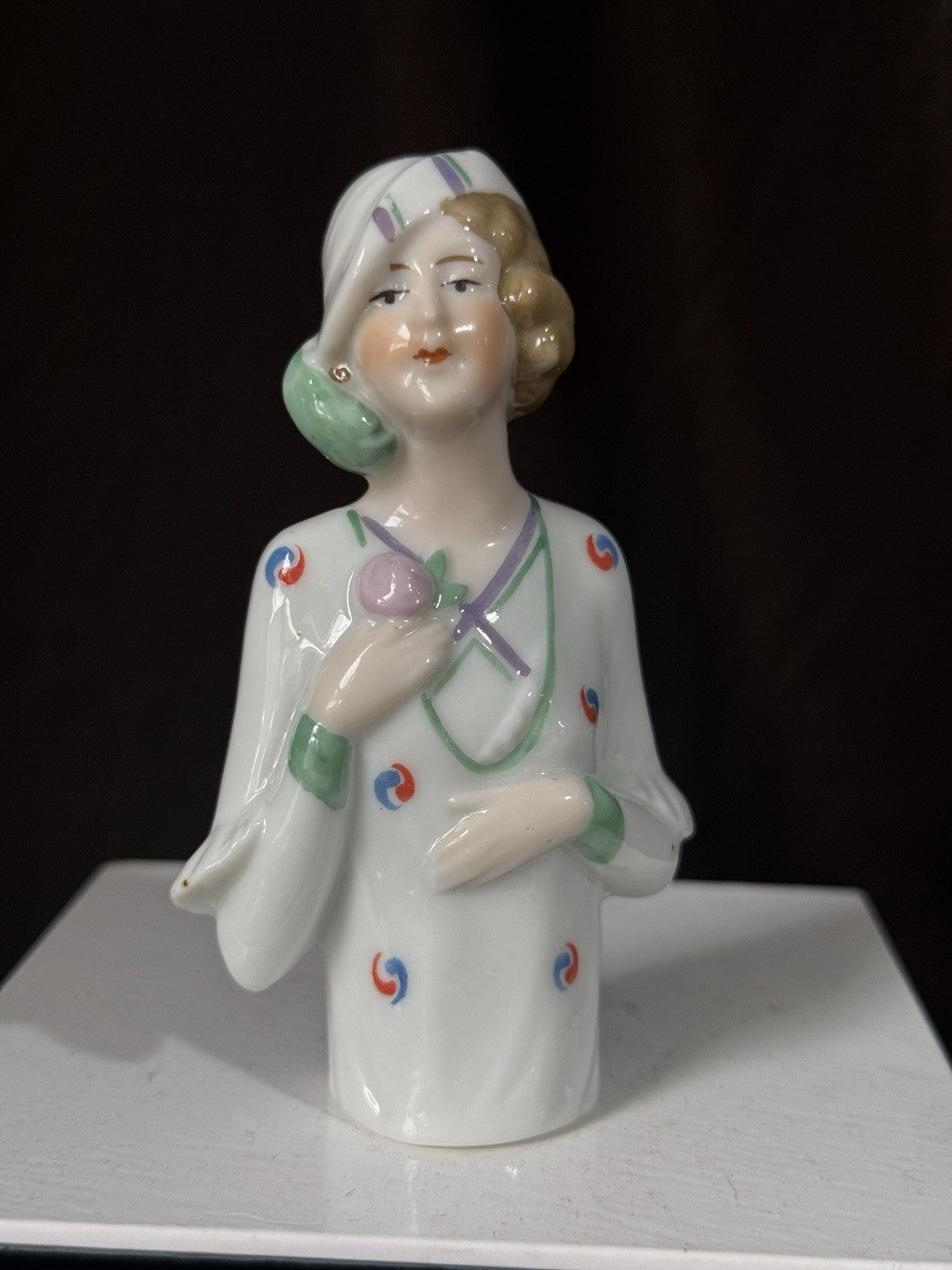 Antique German Art Deco Flapper Pin Cushion 4” Half Doll Arms Attached