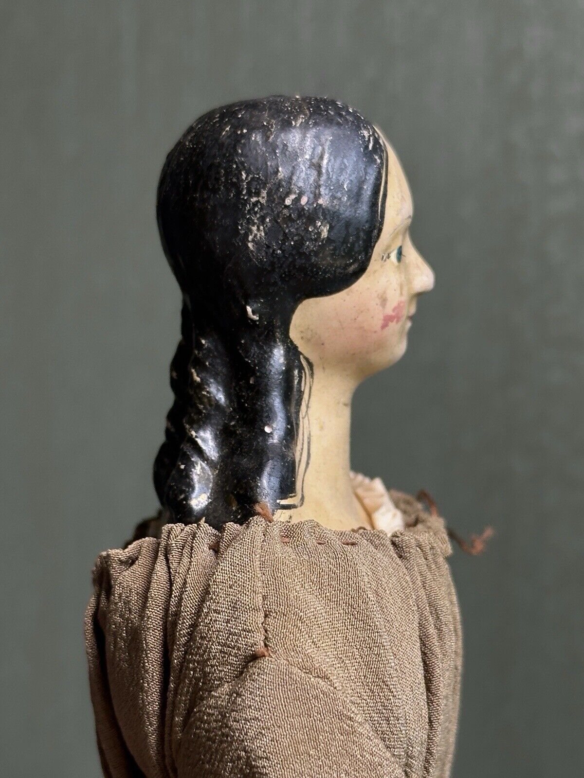 Antique German 10.325” Milliners Long Ringlets Papier Mache Wood Doll