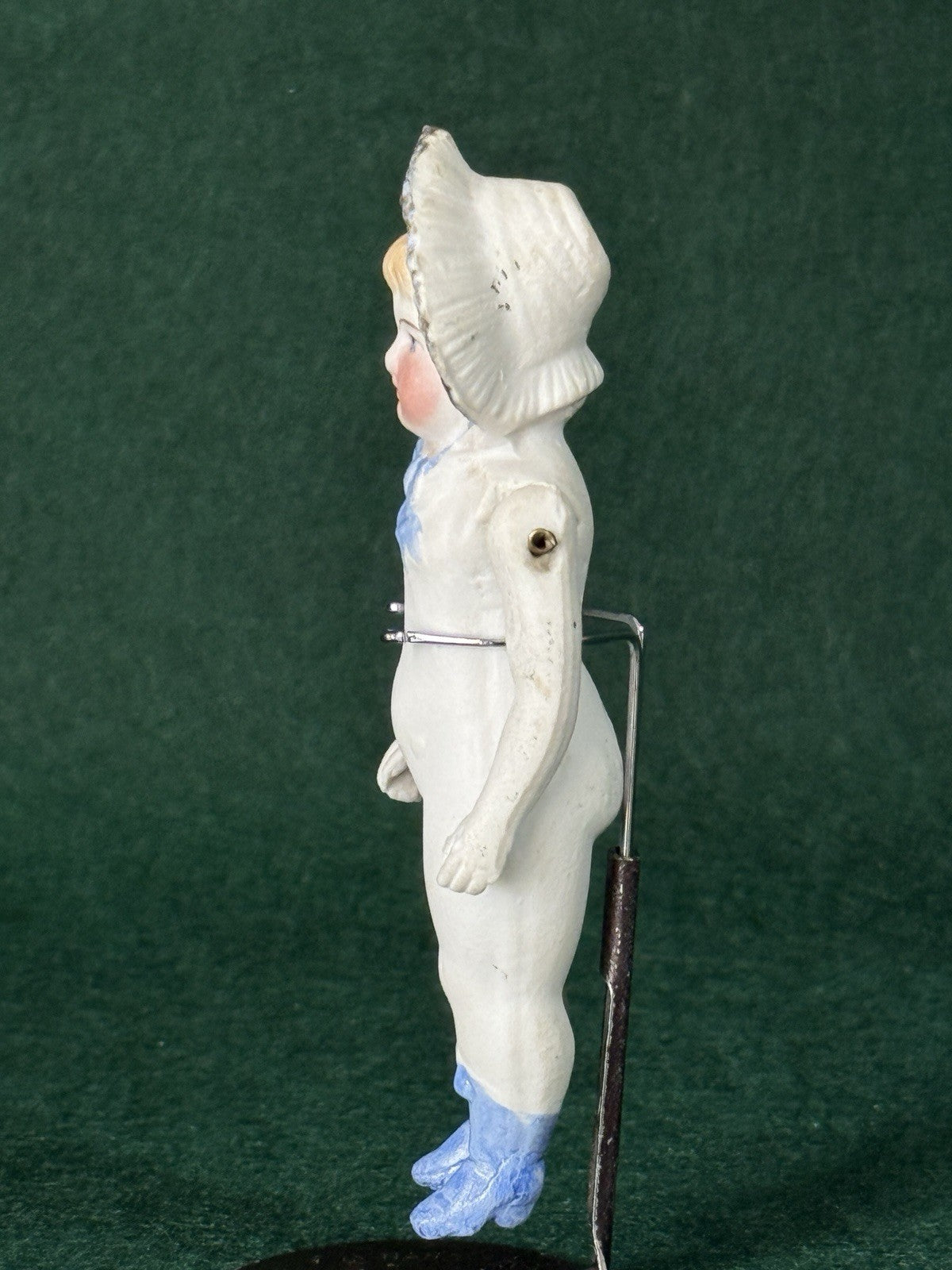 Antique German 4 1/2” Frozen Charlotte Bisque Doll With Molded Bonnet