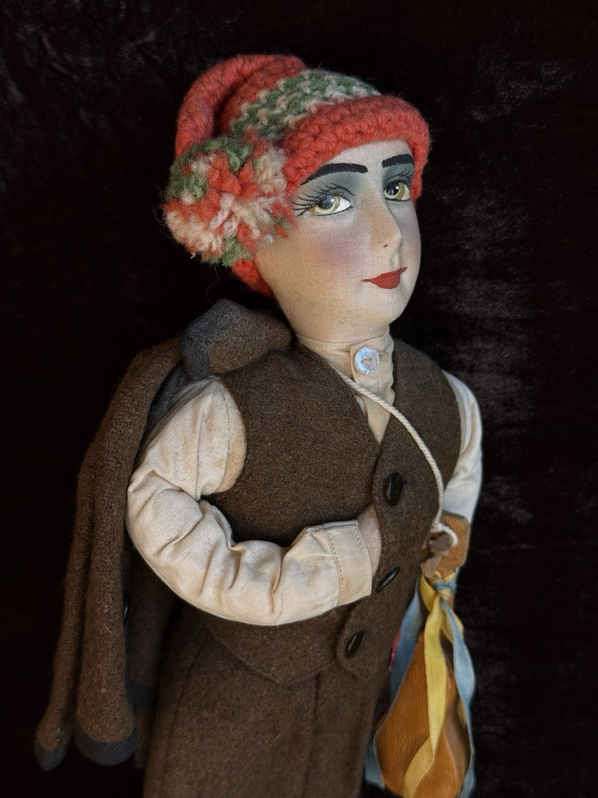 Vintage Art Deco 14” French Boudoir Style Cloth Face Mask Smoker Character Doll