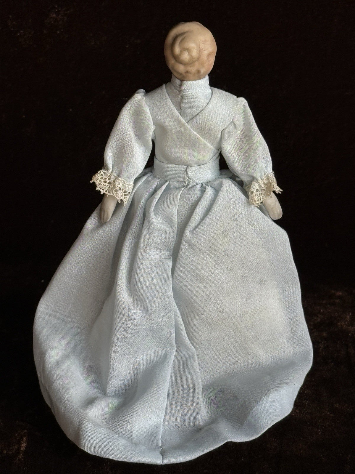 Antique German 5” Bisque Cloth Miniature Dollhouse Parian Doll with Bun
