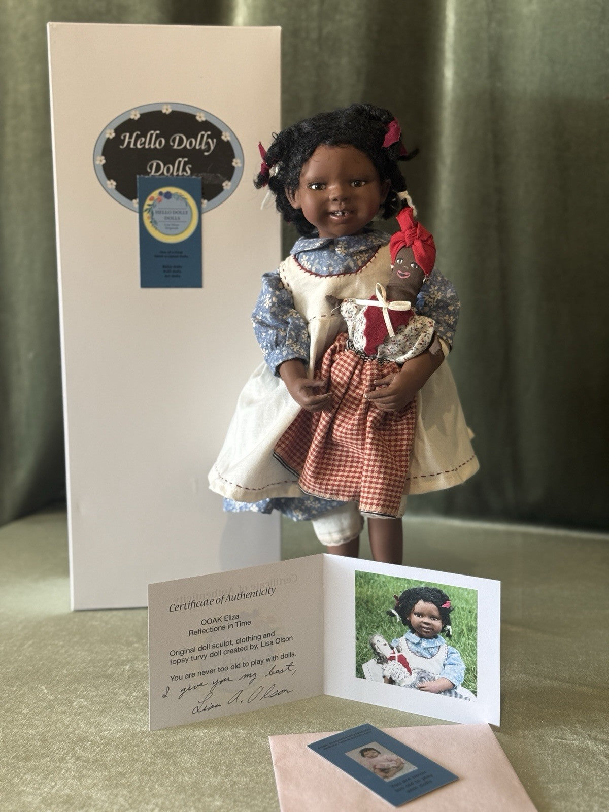 OOAK Artist Handmade Clay Stockinette 15” Doll “Eliza” with Topsy Turvy Doll Box