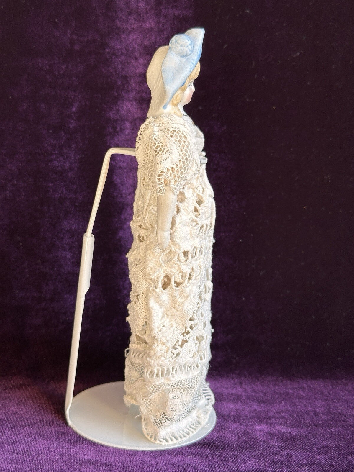 Antique German Miniature  7.5” Hertwig Molded Hat Parian Bisque Head China Doll