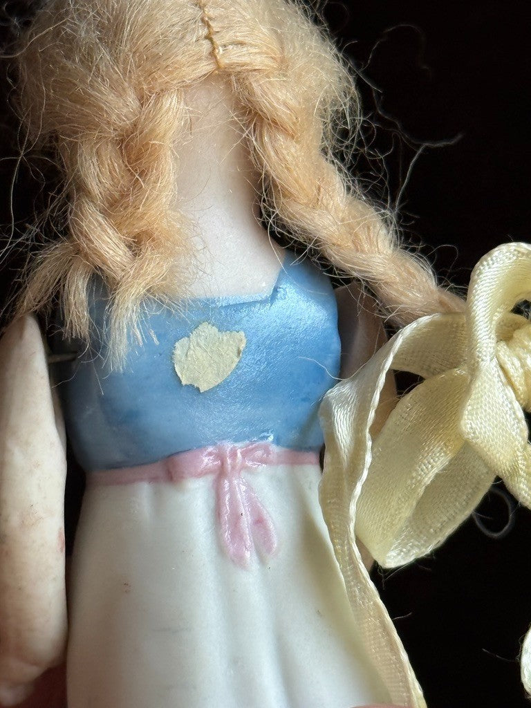 Lot of 2 Antique German 4" All Bisque Miniature Dollhouse Dolls Molded Dresses