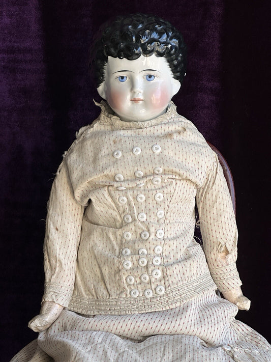 Large Antique German 26” Exposed Ears Curly Hair China Shoulder Head Doll