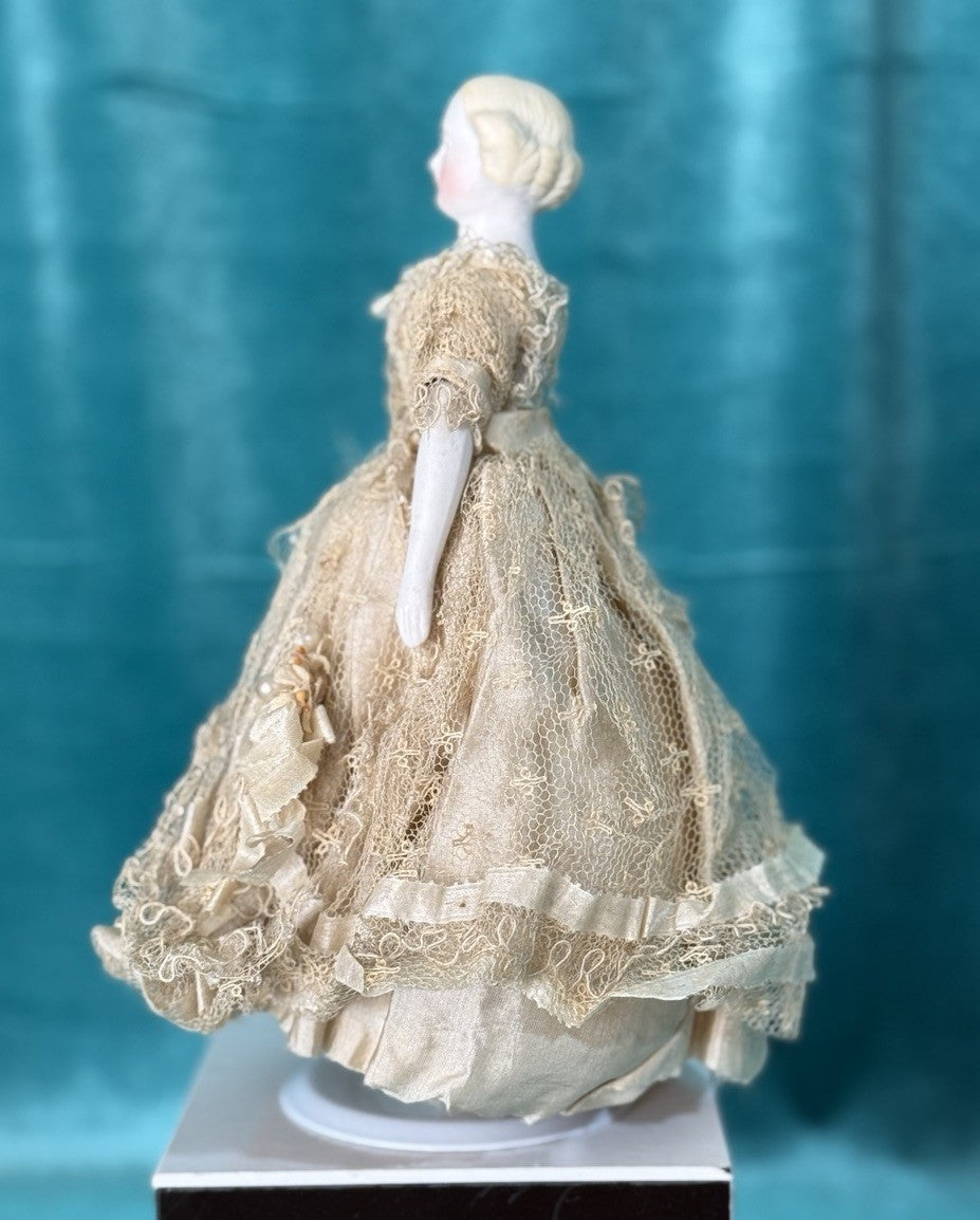 Antique German 8.25” Bisque Cloth Miniature Dollhouse Parian China Doll