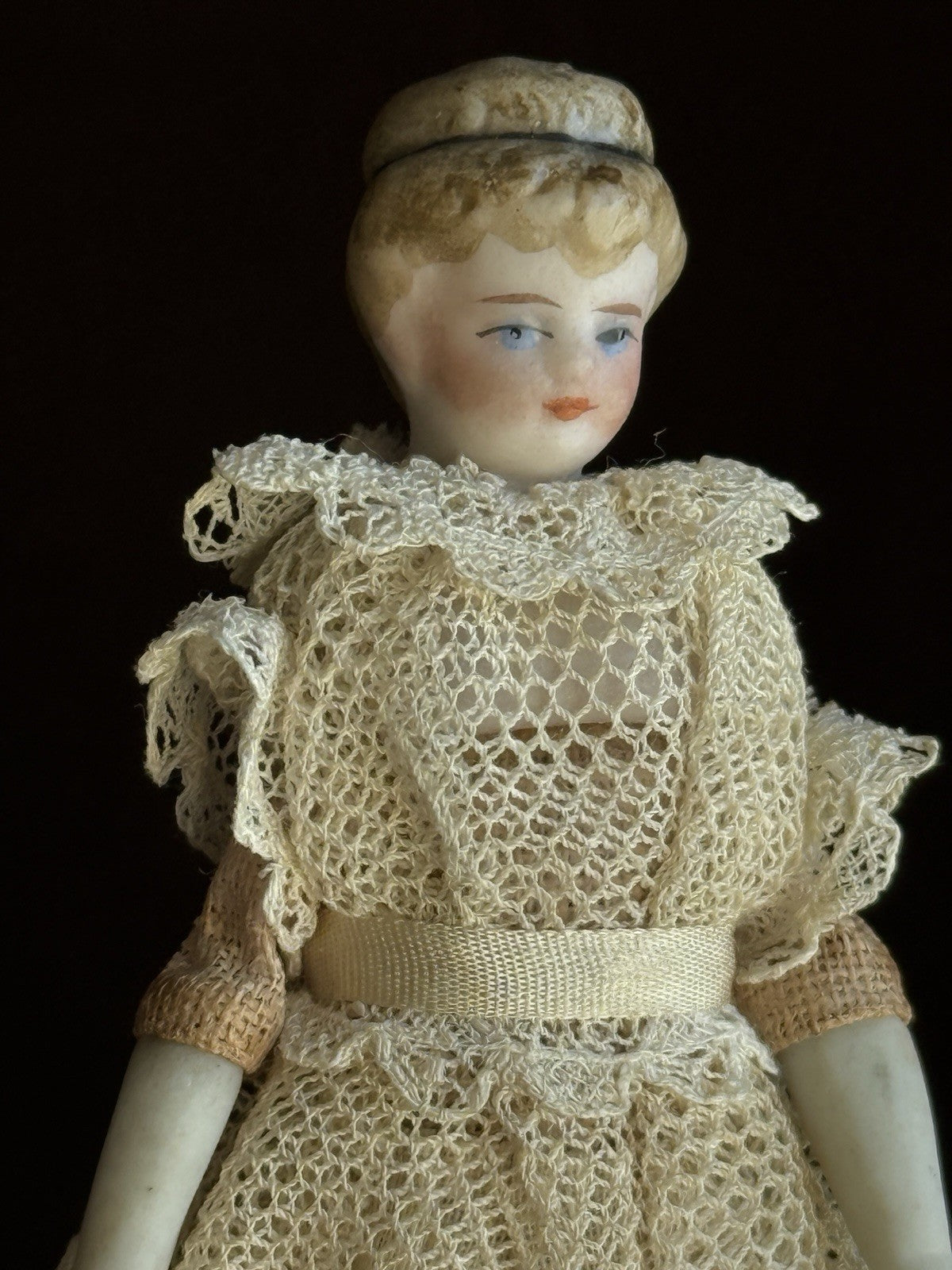 Antique German Simon Halbig 3.875” Bisque Cloth Dollhouse Girl Doll