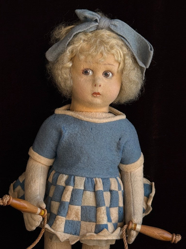 Vintage Italian 12” Lenci 111 Felt Cloth Character Girl Doll with Jump Rope