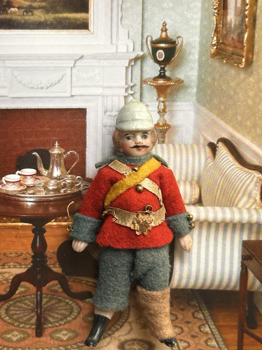 Antique German Kestner Bisque 2.75” Soldier Molded Hat Dollhouse Soldier Doll