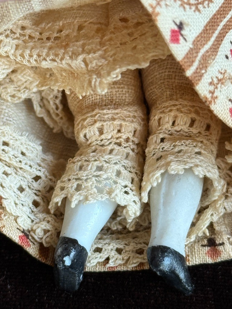 Antique German 4.5” Bisque Cloth Miniature Dollhouse Parian Doll