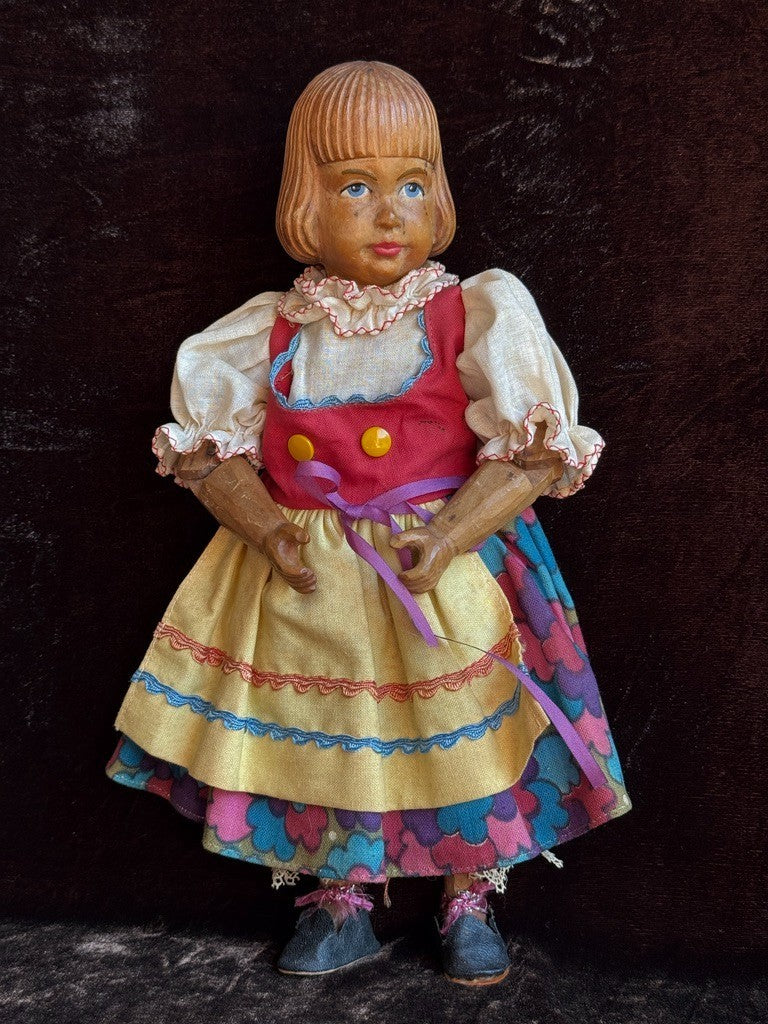 Large Vintage 11.5” Swiss Huggler Wood Carved Jointed Doll