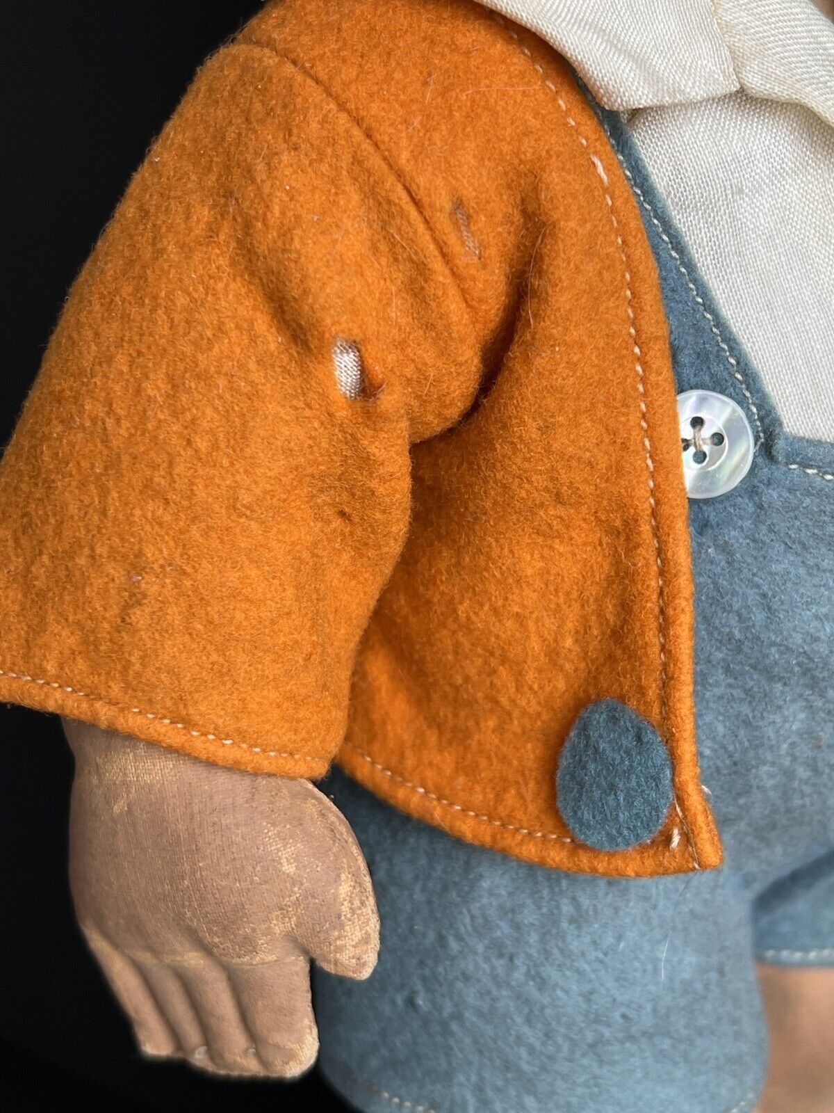 Antique English Early Cloth Chad Valley Boy Doll with Original Tag Felt Clothes