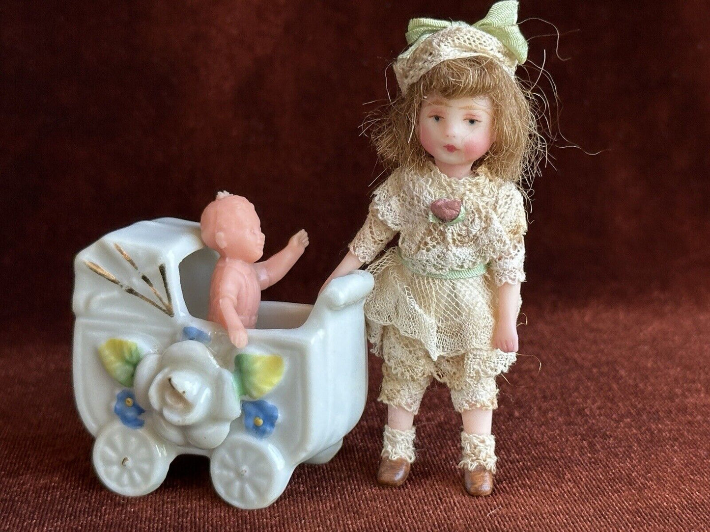 Artist Signed 3” Polymer Clay (?) Miniature Dollhouse Doll with Accessories