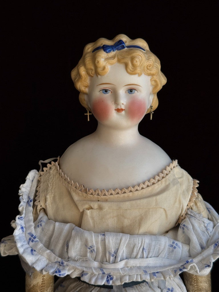 Antique German 17.5” Dolly Madison China Parian Bisque Head Doll Pierced Ears