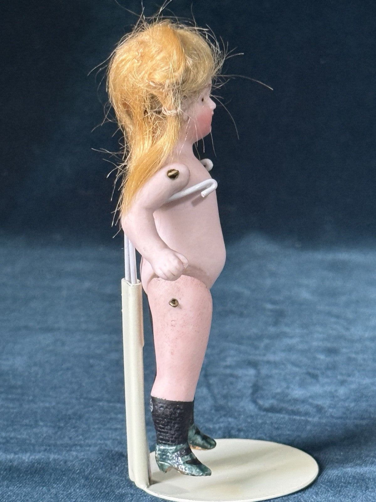 Antique German 4” All Bisque Mignonette Dollhouse Doll Unusual Green Boots