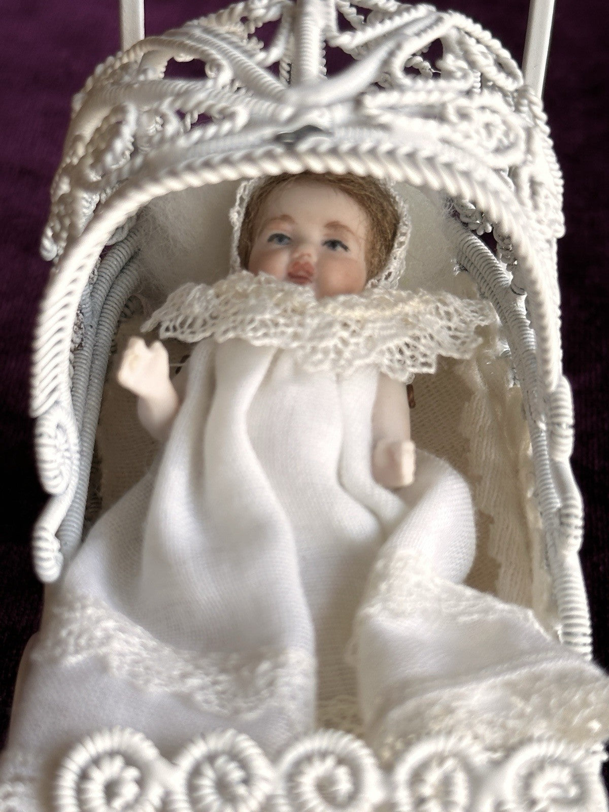 All Porcelain Signed Miniature Hilda (?) Dollhouse Baby Doll in Metal Buggy