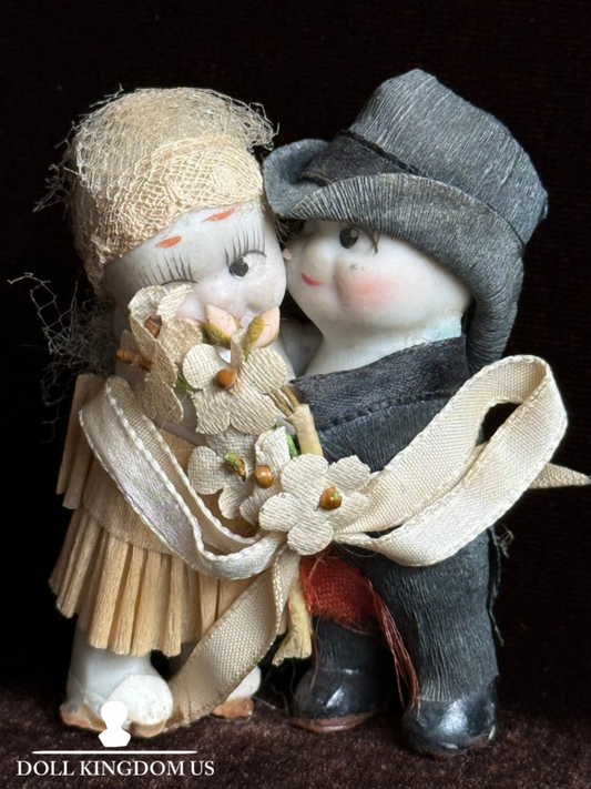 Antique German 2.5” Bisque Kewpie Wedding Couple Bride and Groom Dolls Figurine