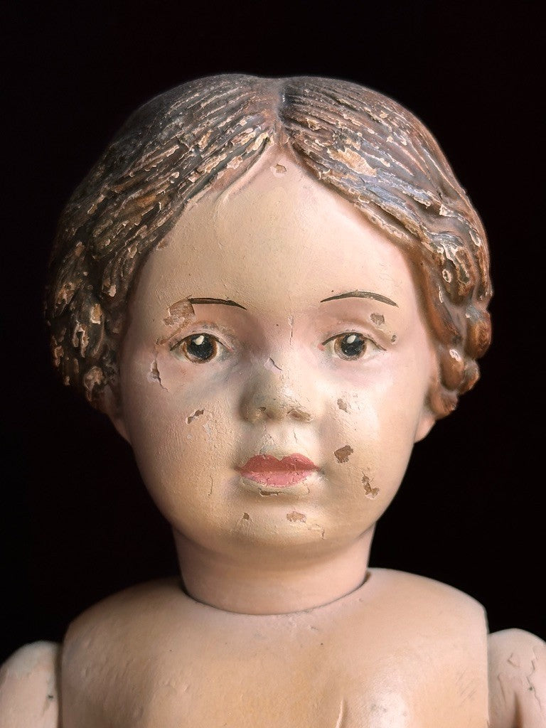 Antique American 16” Schoenhut 102 Series Wooden Doll Carved Braided Hair Bow