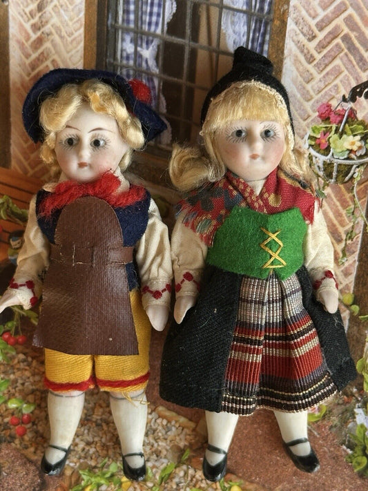 Pair of Antique German All Bisque Kuhnlenz (?) Miniature 3.5” Mignonette Dolls