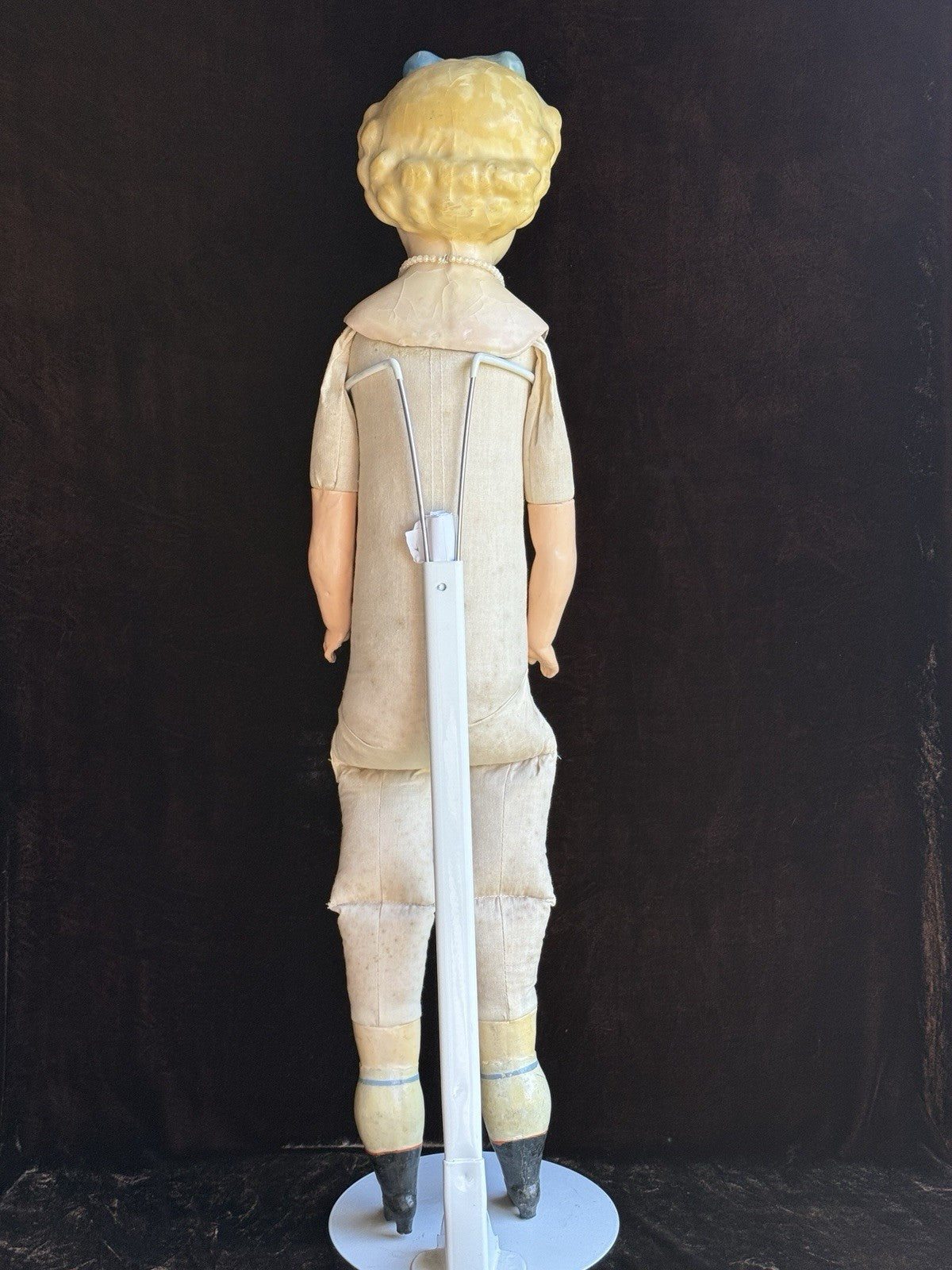 Large Antique German 30” Wax Over Papier Mache Alice Molded Bow Doll