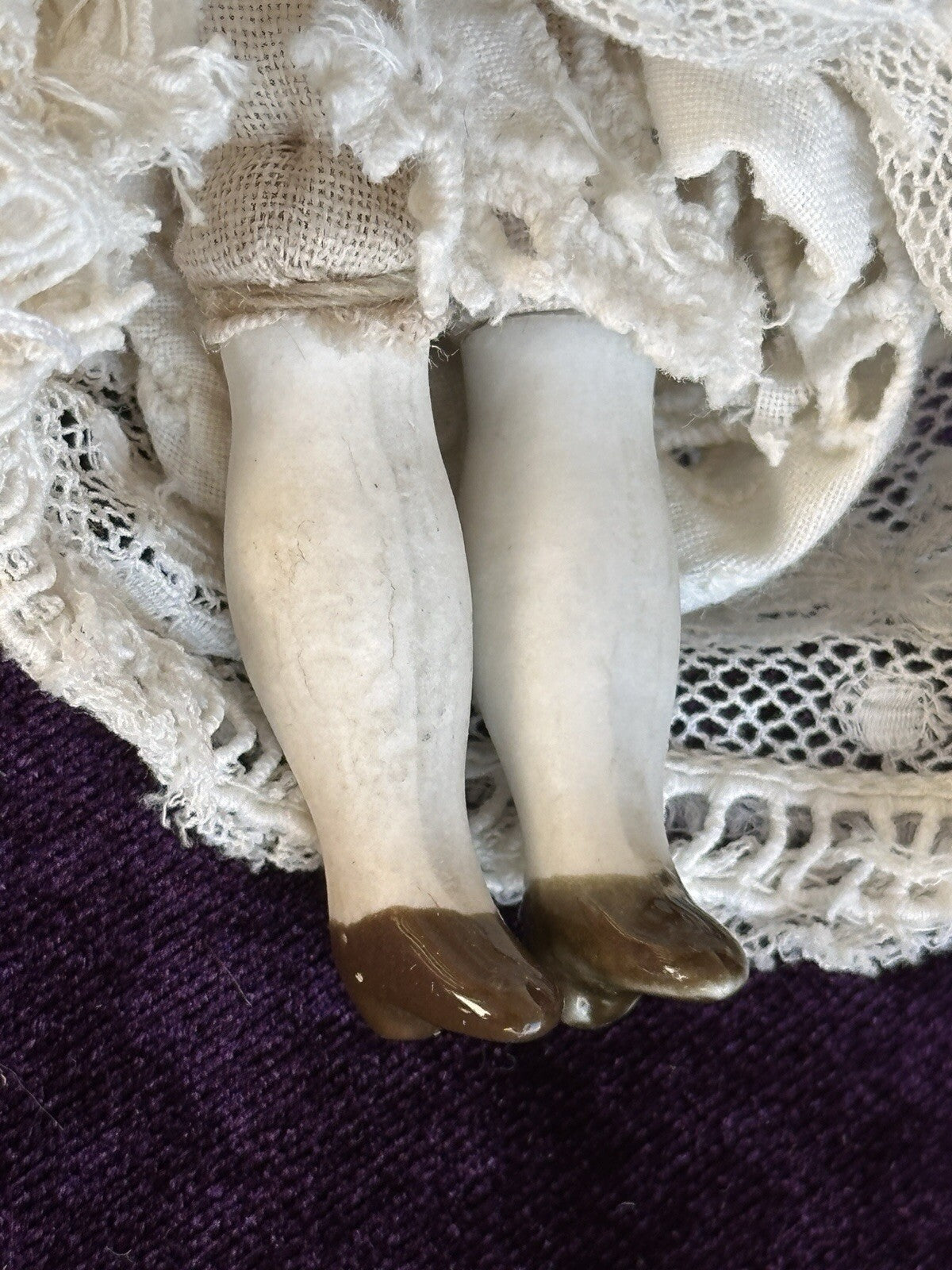 Antique German Miniature  7.5” Hertwig Molded Hat Parian Bisque Head China Doll
