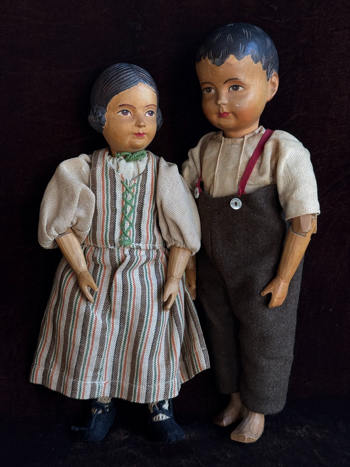 Vintage Swiss 10” Huggler Wood Carved Jointed Girl Doll