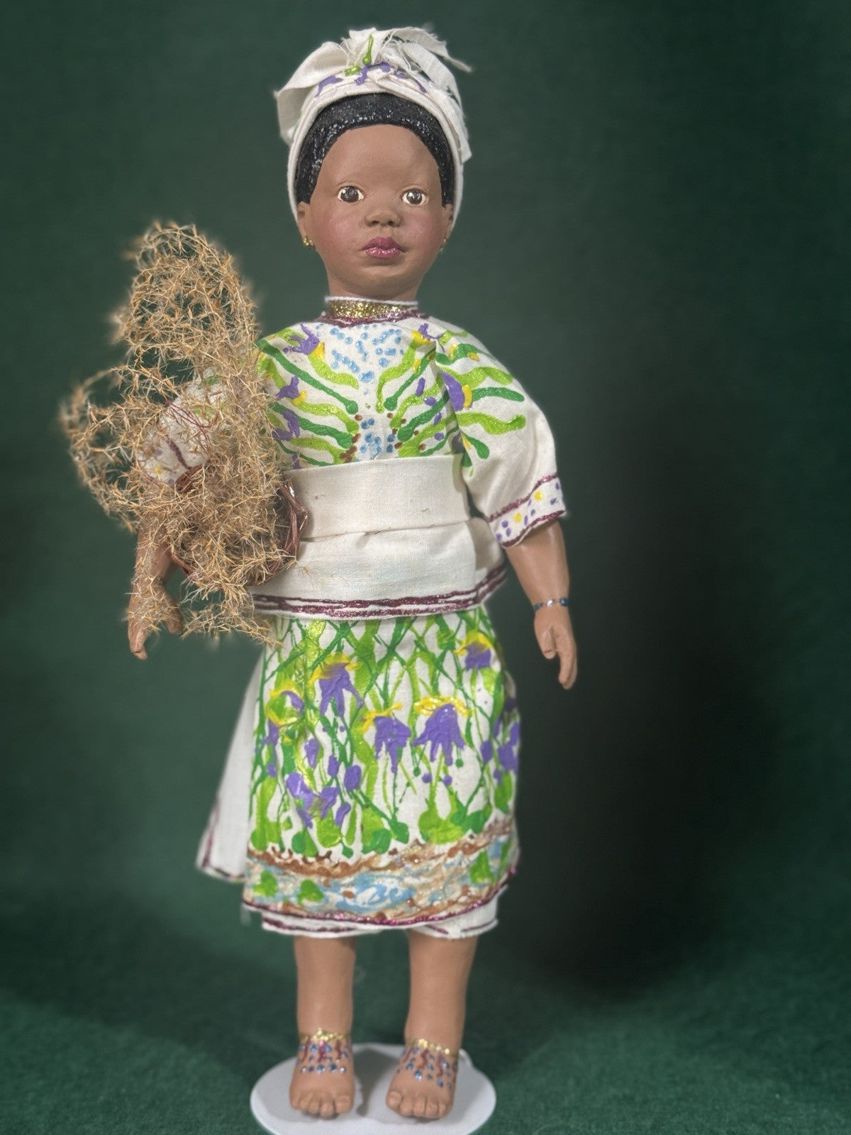 Lot Of 4 Hand painted Wooden/resin Collectible Dolls With Handmade Clothes