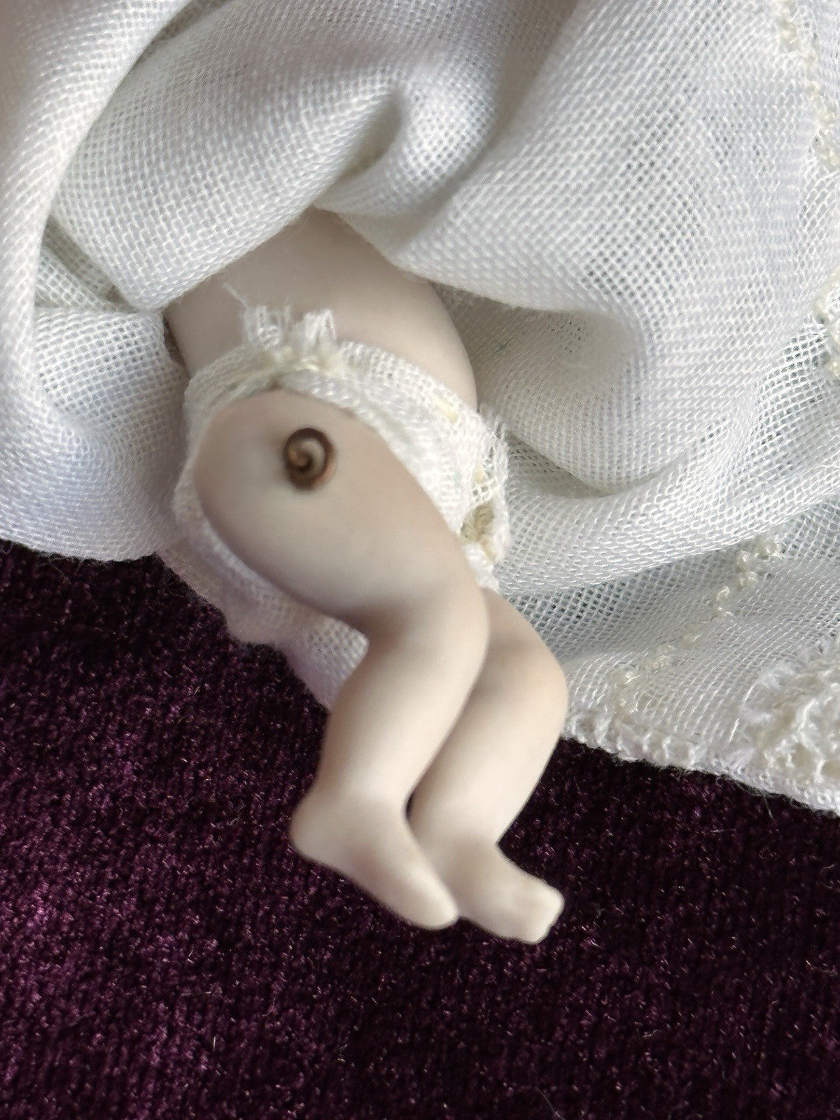 All Porcelain Signed Miniature Hilda (?) Dollhouse Baby Doll in Metal Buggy