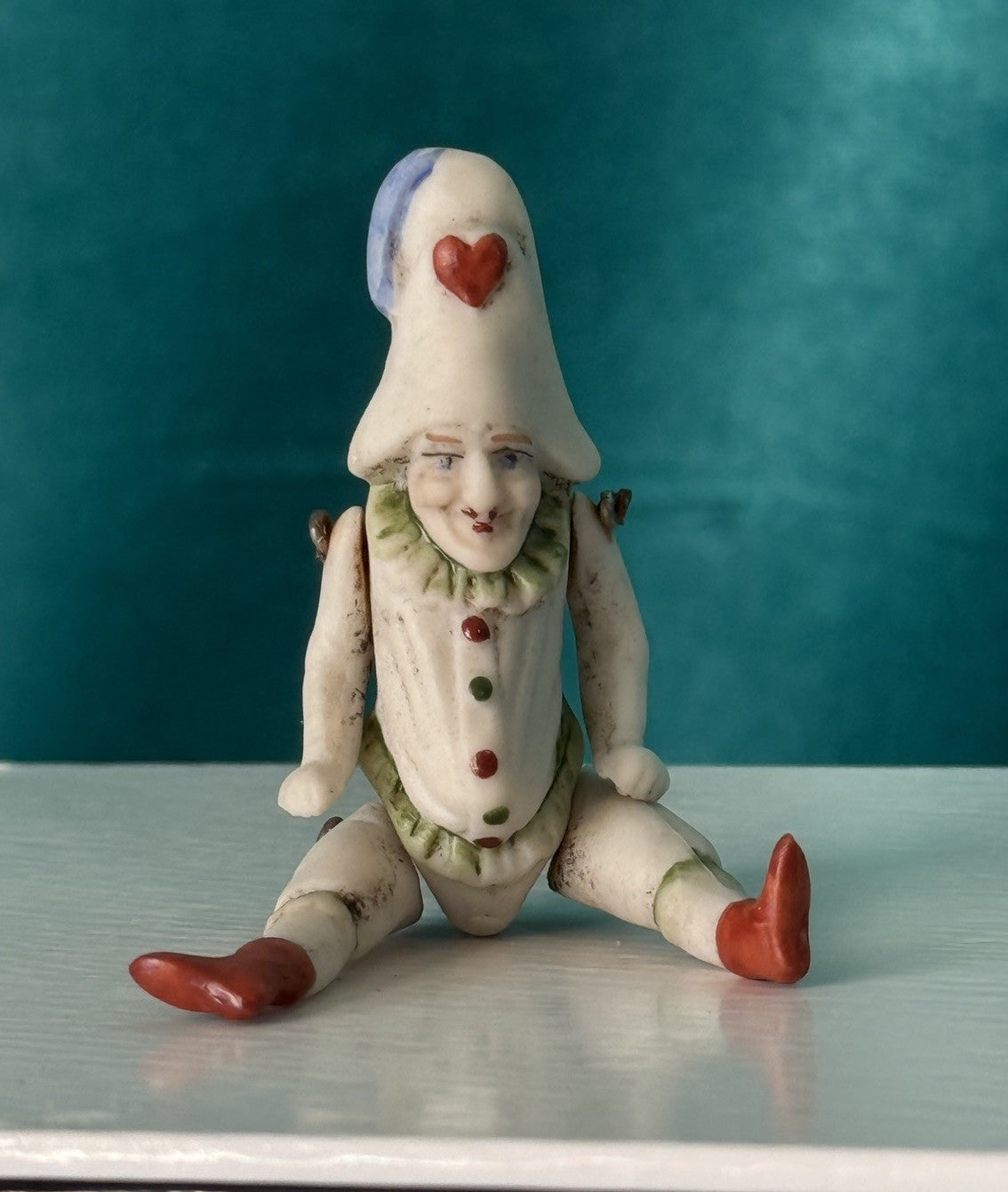 Antique German 2.75” All Bisque Mignonette Dollhouse Punchinello Character Doll