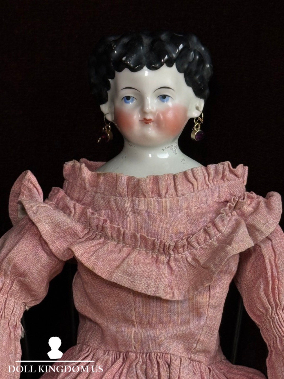 Antique German 14” Young Dagmar Style China Shoulder Head Doll Pierced Ears