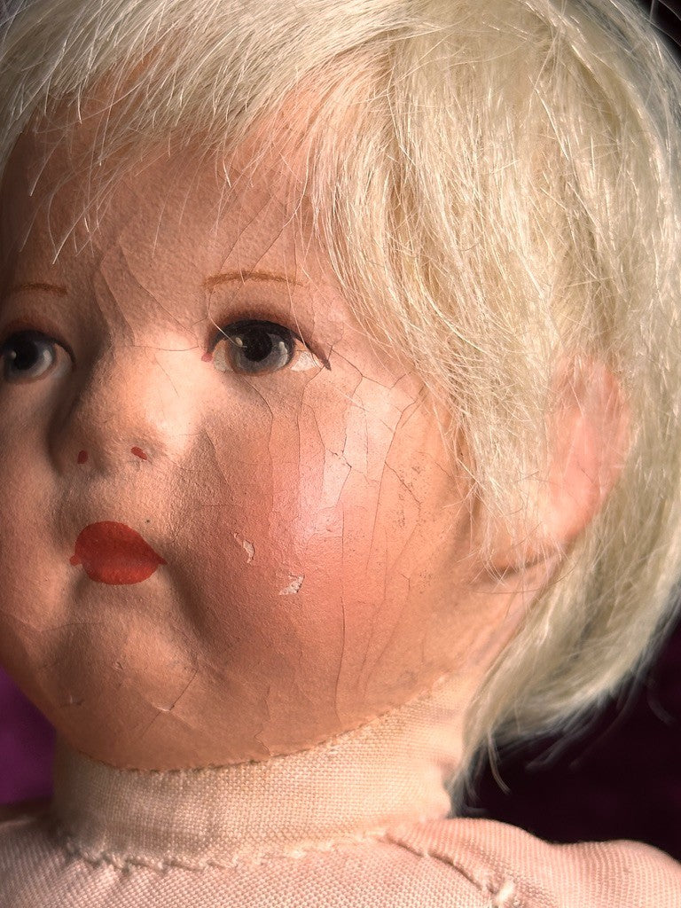 Antique German 14.” Early Kathe Kruse Hampelchen Cloth Doll Human Hair Wig