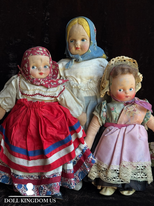 Lot of 3 Collectible Vintage European Cloth Face Mask Dolls