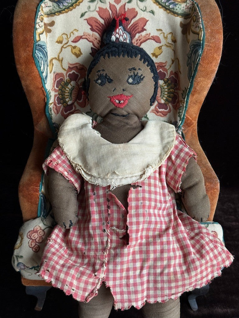 Antique/Vintage African American 12" Primitive Folk Art Cloth Rug Portrait Doll