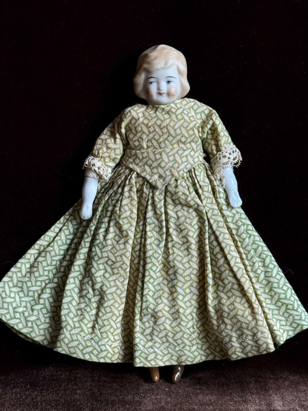 Antique German 7.5” Bisque Cloth Miniature Dollhouse Parian Girl Doll