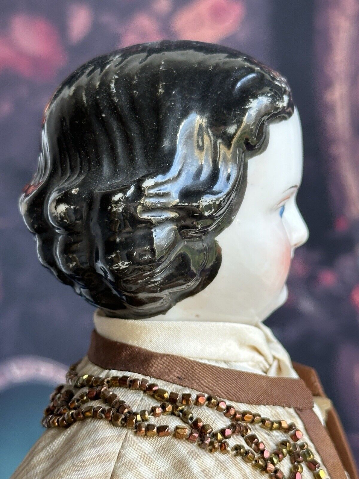Antique German 17” Flat Top Highbrow Brunette China Head Doll