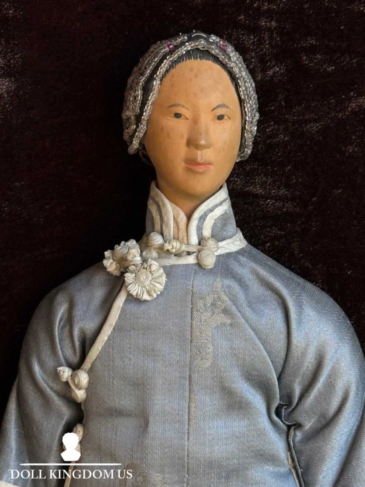 Antique Chinese 12" Door of Hope Mission Carved Wood Cloth Female Doll