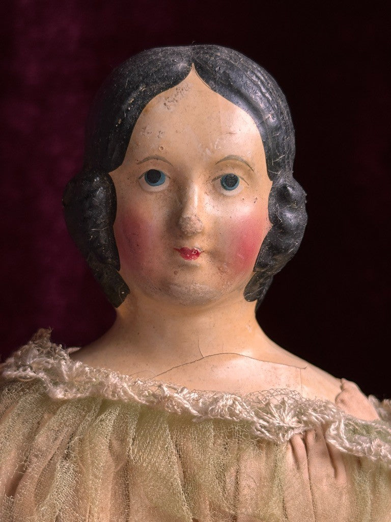 Antique German 14” Papier Mache Milliner’s Model Spaniel Ears Molded Bun Doll