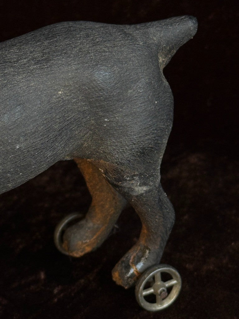 Antique German Papier-Mâché Doberman Pinscher Dog on Wheels Pull Toy